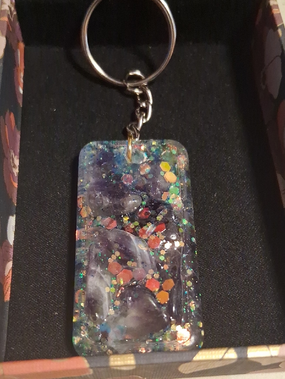Resin Gemstone Keychain Pendant - Purple Glitter Rectangular Amethyst